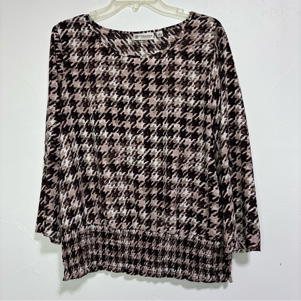 Versona Women's Blouse Top Houndstooth Smocked Hemline Large Lightweight